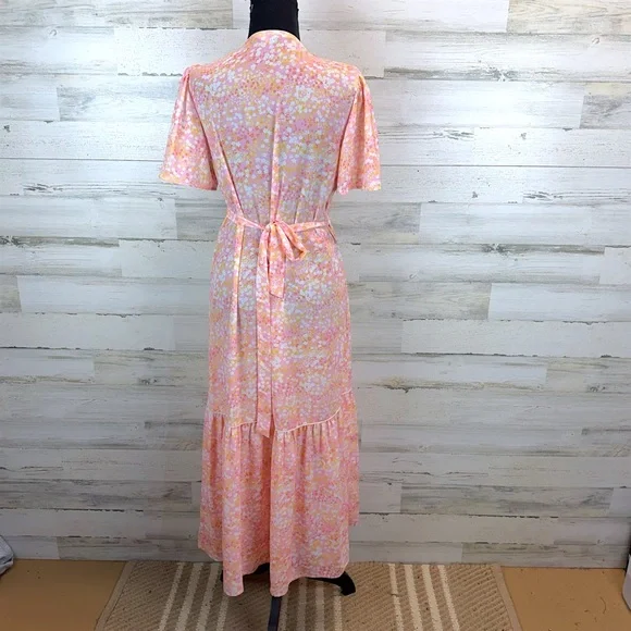 LaRoque Floral Wrap Midi Dress Pink Yellow Cottagecore Preppy Feminine Small - Picture 7 of 16